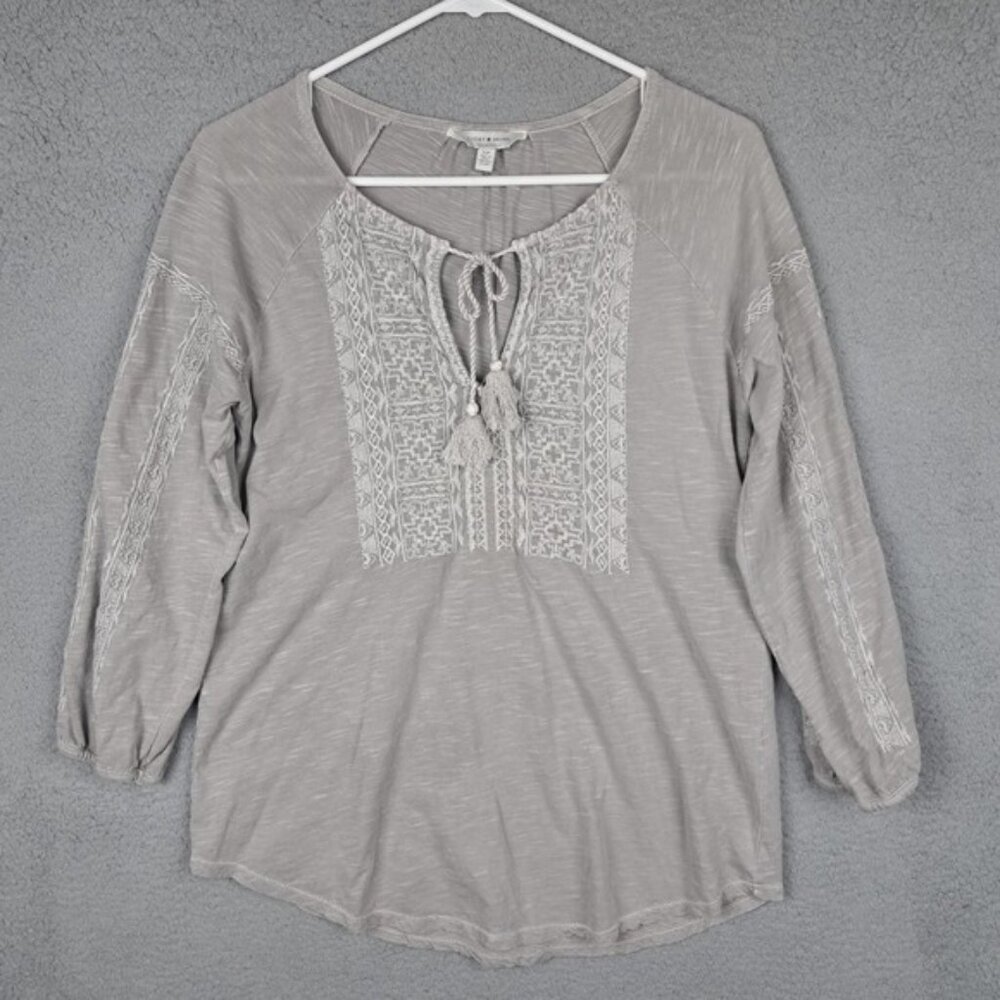 Lucky Brand Women's Small Peasant Blouse Tassle Tie Embroidered Grey